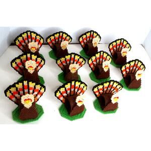 Vintage 1993 Bucilla Turkey Napkin Rings Plastic Canvas Thanksgiving Set of 11